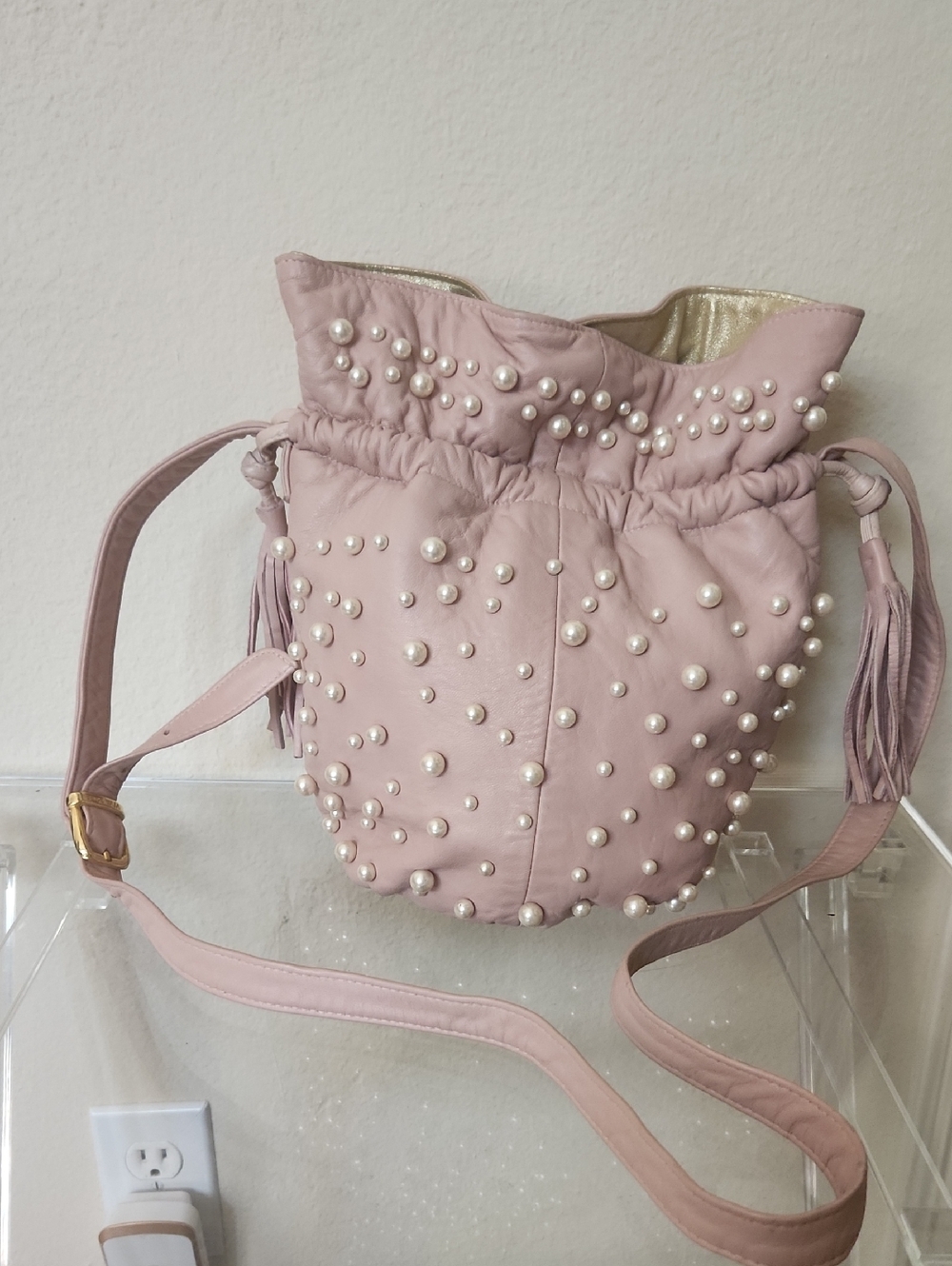 Pearl-Embellished Pink Drawstring Crossbody Bag